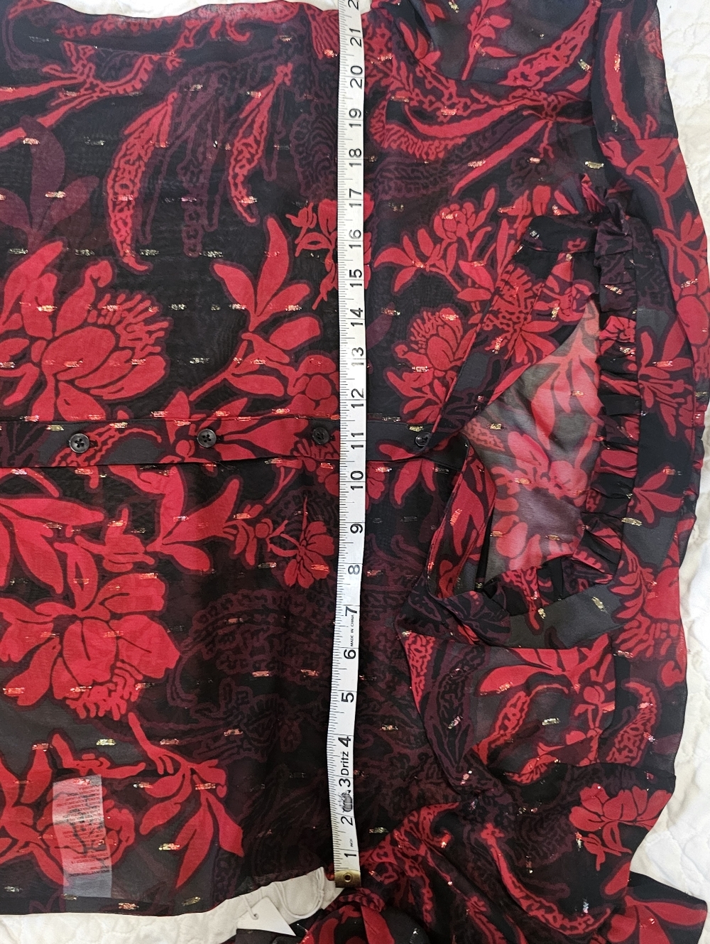 Chicos Sheer Red Black Floral Ruffled Blouse NWT 2 - Picture 13 of 16